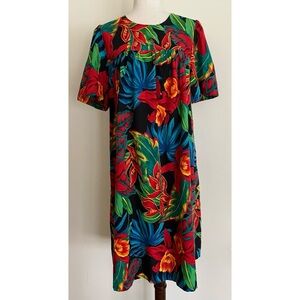 Vintage 80s Hilo Hattie Muumuu Hawaiian Dress Bright Tropical Floral Pocket Sz L